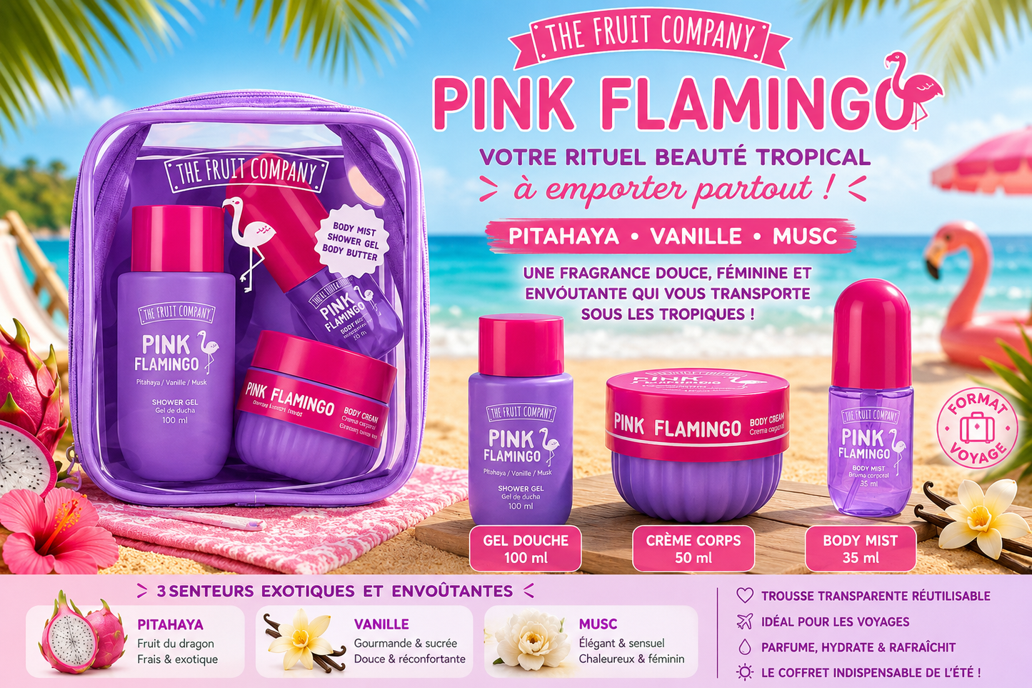 Soins et corps 🦩 Trousse Voyage Pink Flamingo – The Fruit Company 💜