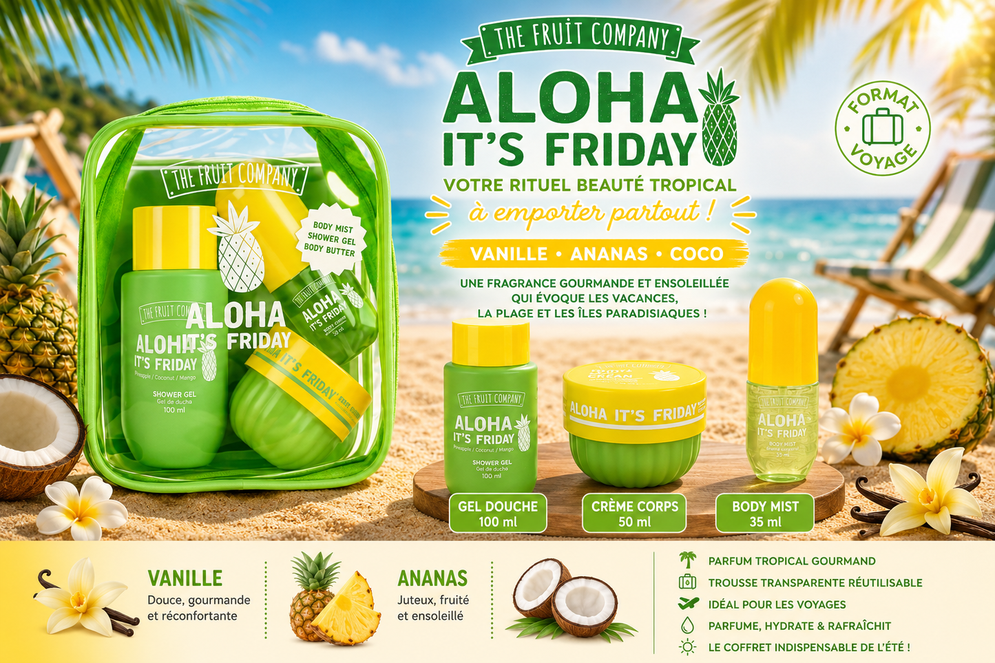 Soins et corps 🌴 Trousse Voyage Aloha It's Friday – The Fruit Company 🍍🥥🌼