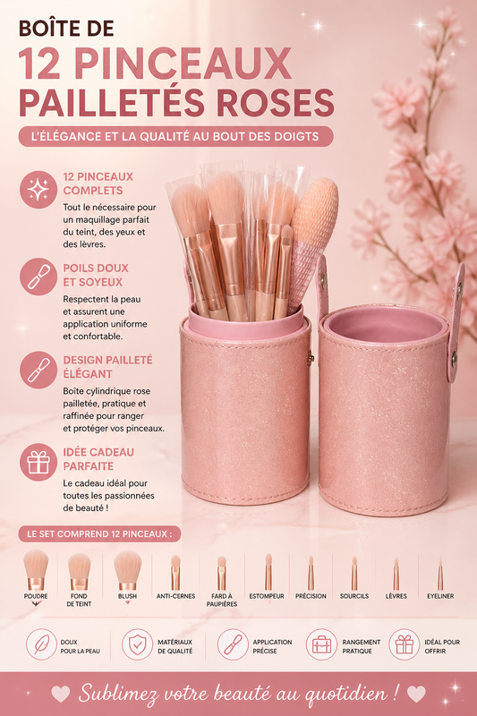 Accessoires Set de 12 pinceaux maquillage roses + seau de rangement