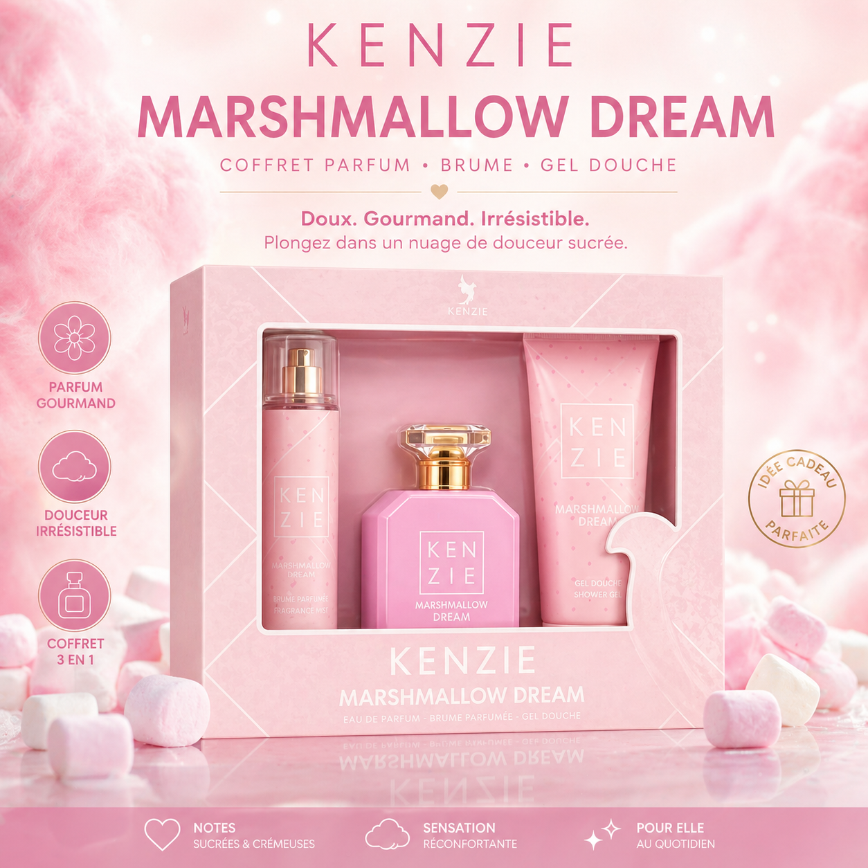 Coffret parfum Kenzie Marshmallow Dream Parfum 100mL avec Brume 250ML et Gel Douche 240mL