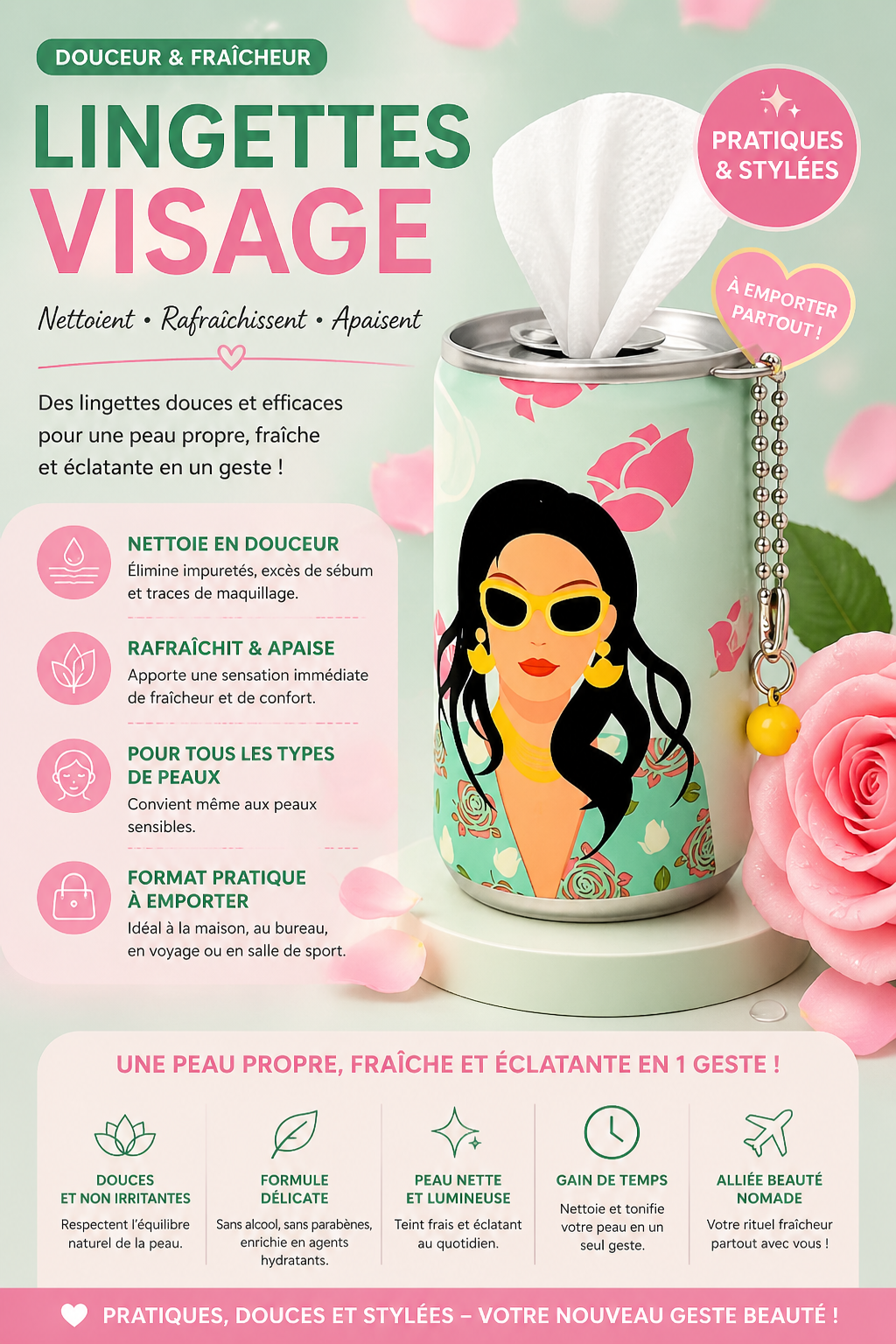 Routine visage Canettes de Lingettes Démaquillantes Parfum Rose