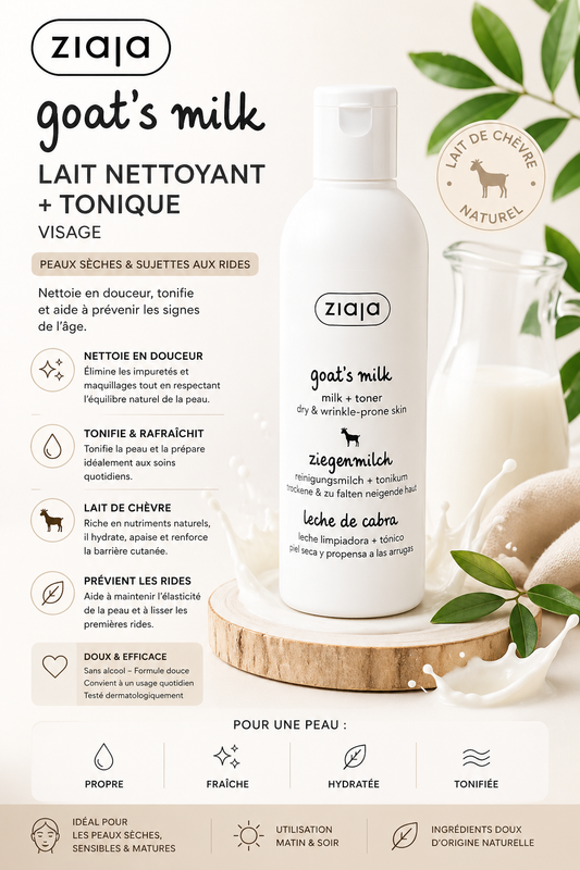 Routine visage Lotion Démaquillante et Hydratante au Lait de Chèvre