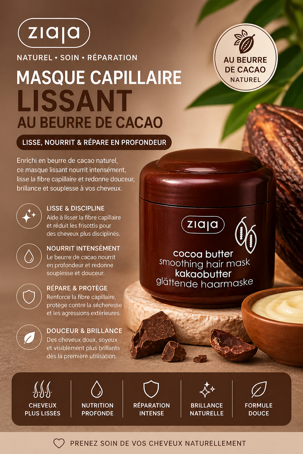 Cheveux Femme Masque Cheveux Réparateur au Beurre de Cacao