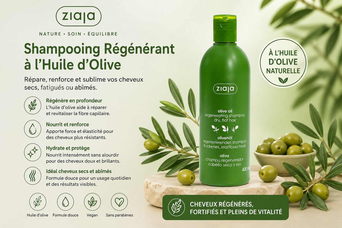 Cheveux femme Shampoing Hydratant à l'Huile d'Olive - 400ml