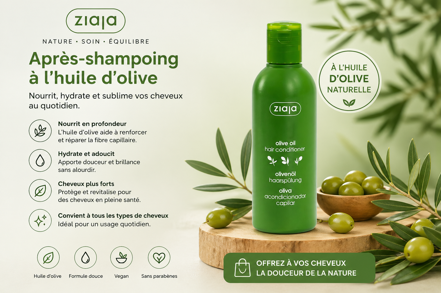 Cheveux Femme Après-Shampoing Hydratant à l'Huile d'Olive